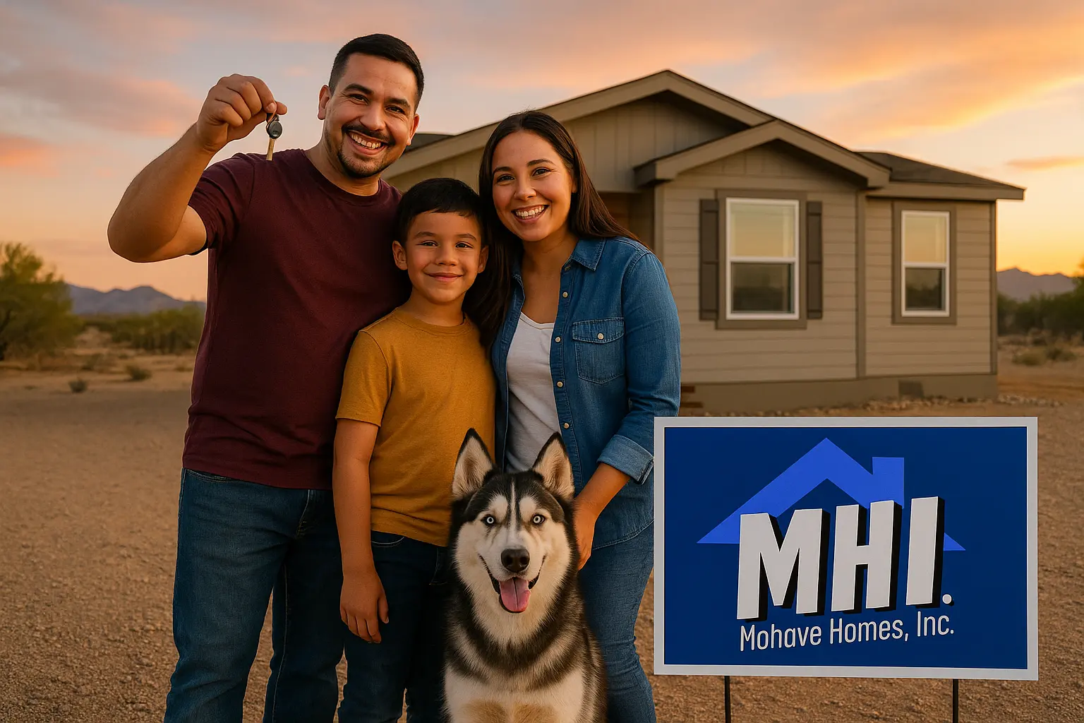 A smiling family with a child and a husky dog stands in front of a new house at sunset, holding keys, next to a sign that reads “MHI Mohave Homes, Inc.”.